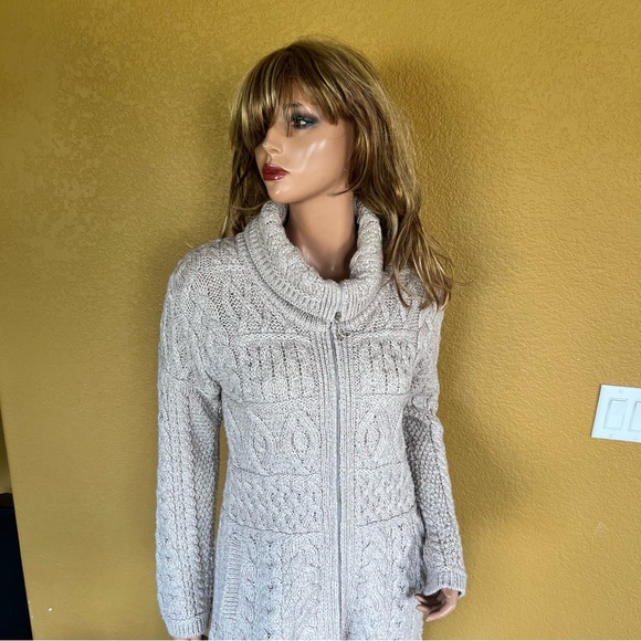 Inis Crafts Merino Wool Long Full-Zip Tunic Cardigan Sweater Beige - Picture 11 of 12